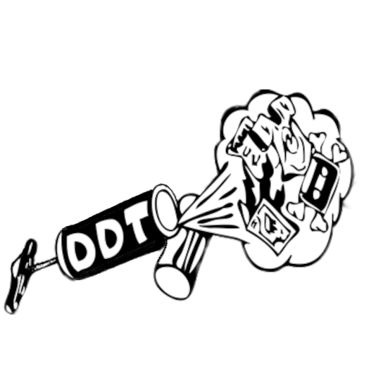 logo de la ddt, un fumigador echando libros, k7, CDs, etc.
